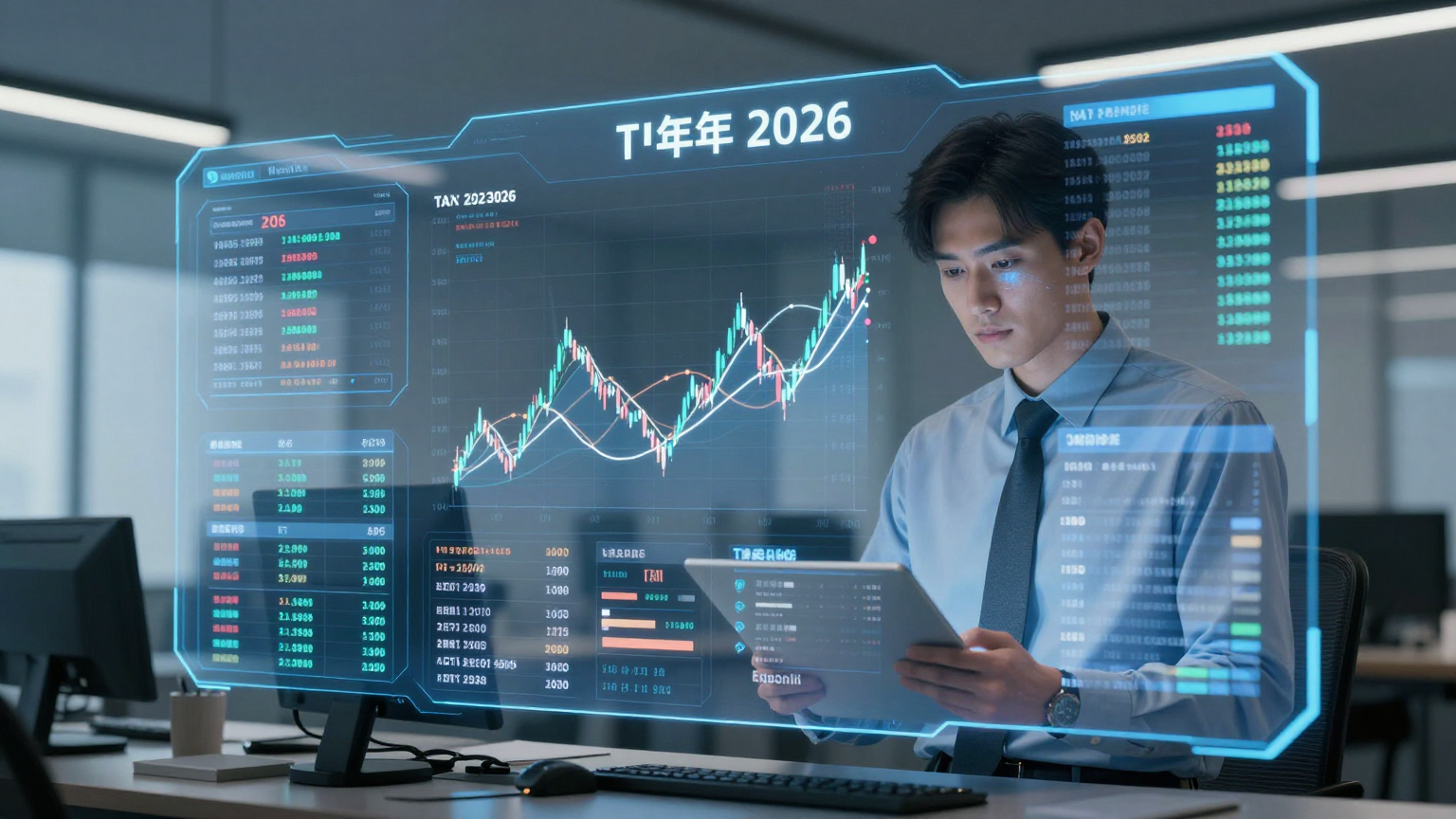 Dijitalleşen vergi denetimleri için hazırlanan modern ofis ve holografik gösterge paneli.