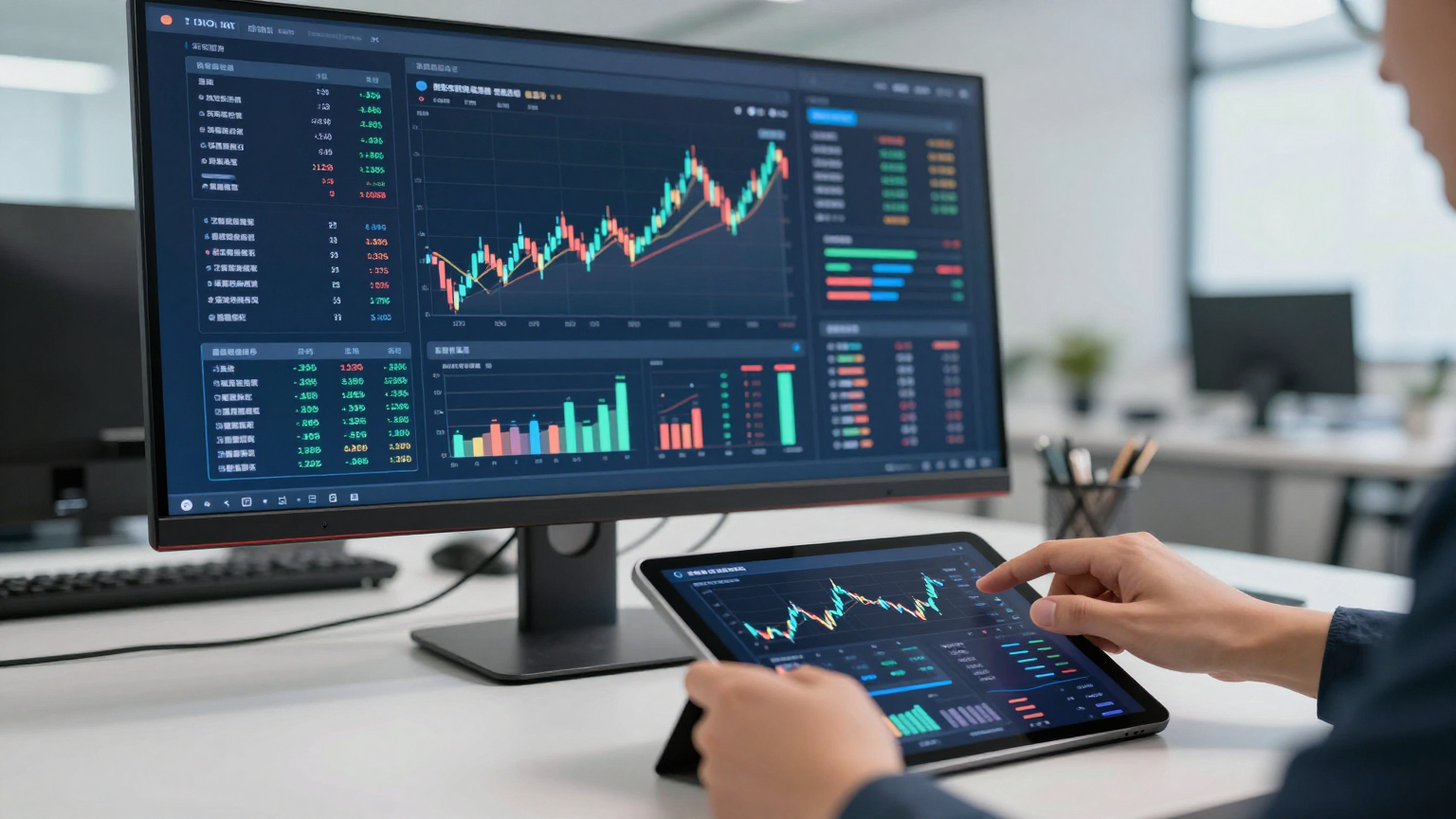 Yapay zeka destekli bir finansal kontrol paneli ve modern ofis sahnesi.