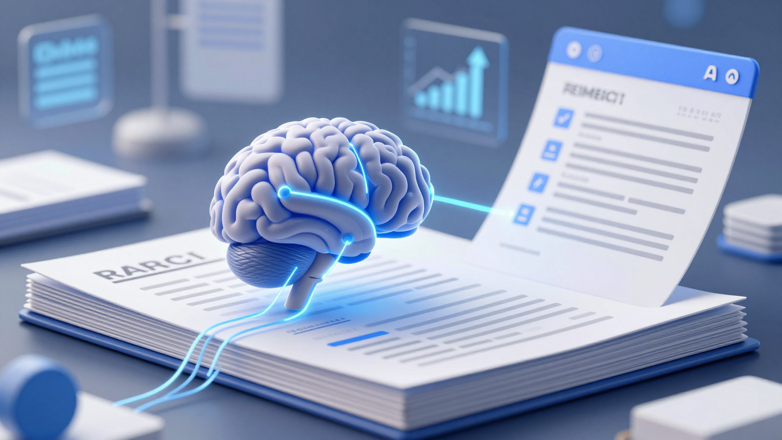 Yapay zeka ve finansal belgelerin entegrasyonunu gösteren 3D illüstrasyon.