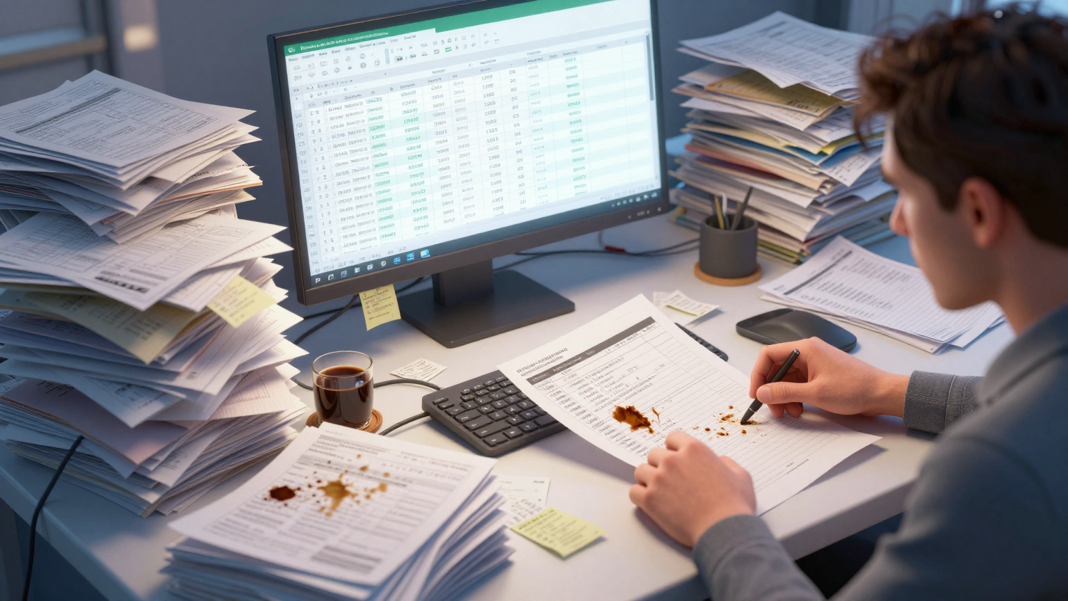 Excel tabloları ve belgelerle dolu, kaotik bir masaüstü, büyüyen bir işletmenin muhasebe zorluklarını temsil ediyor.