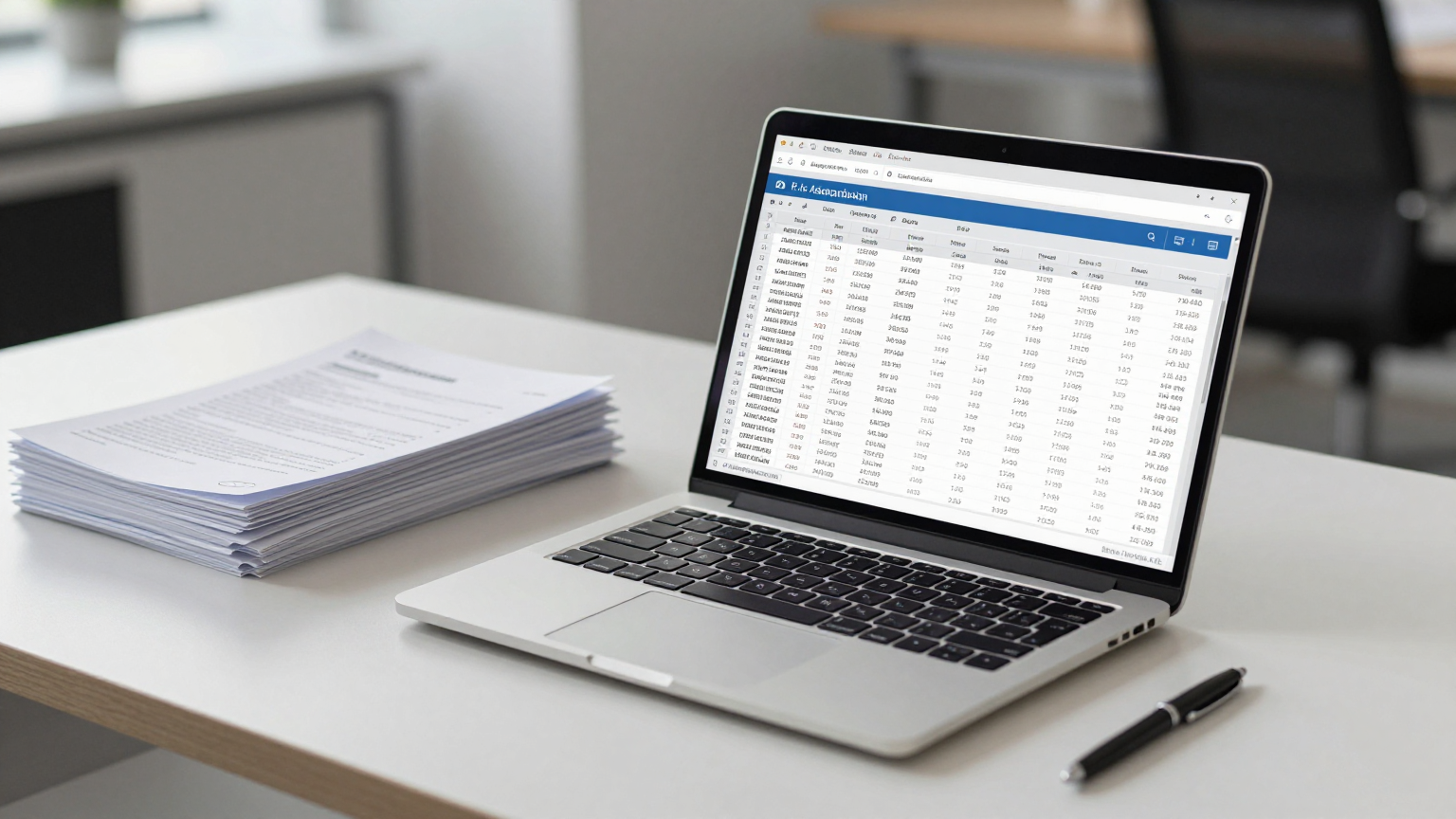 Modern ofis masasında açık bir dizüstü bilgisayar ve finansal veriler içeren bir Excel tablosu.